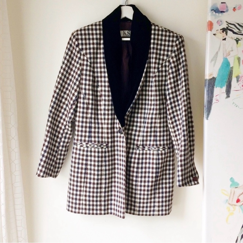 Wool small check long blazer with velvet lapel - Picture 2 of 8